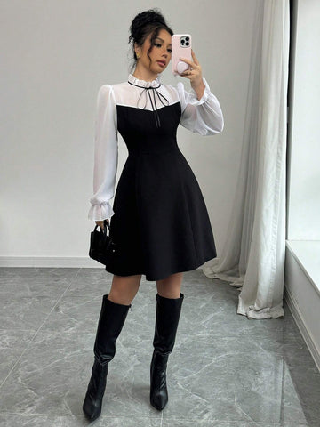 Elenzga Stand Collar Tie-Up Ruffle Hem Long Sleeve Chiffon Bow Decor Waist Cinched Formal Dress For Women