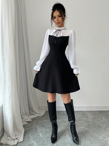 Elenzga Stand Collar Tie-Up Ruffle Hem Long Sleeve Chiffon Bow Decor Waist Cinched Formal Dress For Women