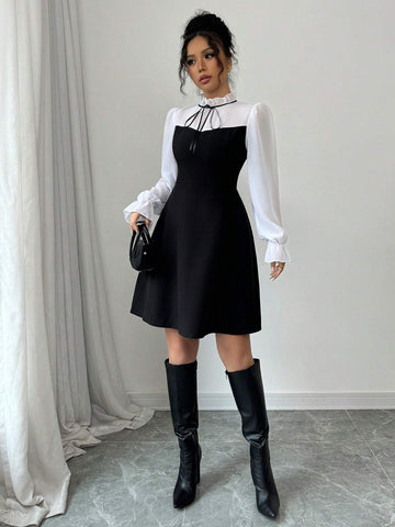 Elenzga Stand Collar Tie-Up Ruffle Hem Long Sleeve Chiffon Bow Decor Waist Cinched Formal Dress For Women