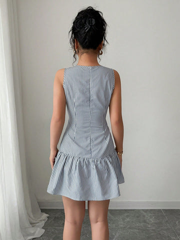 Elenzga Striped Crew Neck Sleeveless Casual Dress For Women