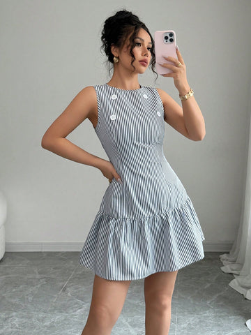 Elenzga Striped Crew Neck Sleeveless Casual Dress For Women
