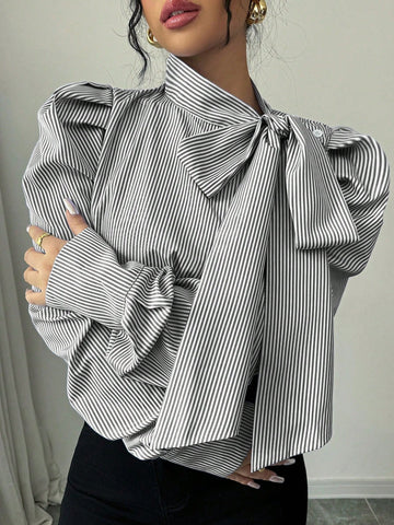 Elenzga Tie Bell Sleeve Striped Shirt, Fashionable And Versatile