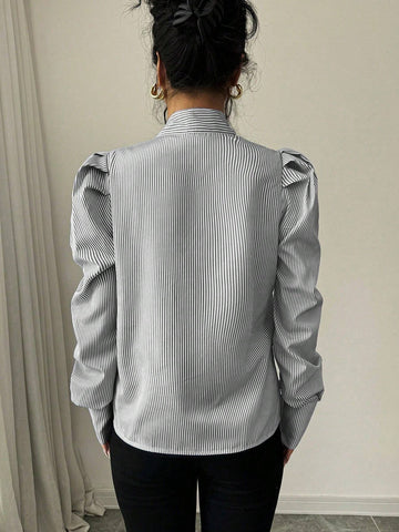 Elenzga Tie Bell Sleeve Striped Shirt, Fashionable And Versatile