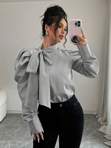 Elenzga Tie Bell Sleeve Striped Shirt, Fashionable And Versatile