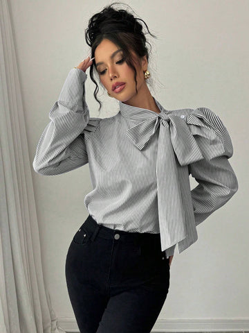 Elenzga Tie Bell Sleeve Striped Shirt, Fashionable And Versatile