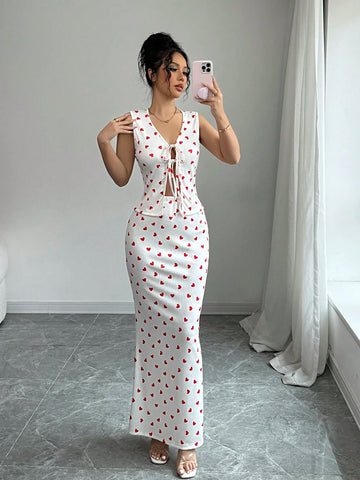 Elenzga Valentine's Day Red Heart Print Tie-Up Top & Skirt 2pc Set
