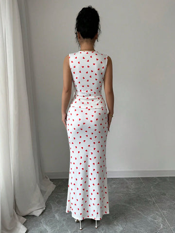 Elenzga Valentine's Day Red Heart Print Tie-Up Top & Skirt 2pc Set