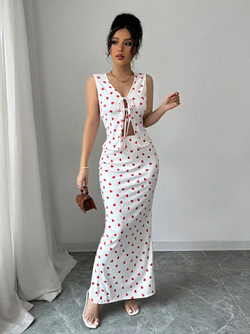 Elenzga Valentine's Day Red Heart Print Tie-Up Top & Skirt 2pc Set