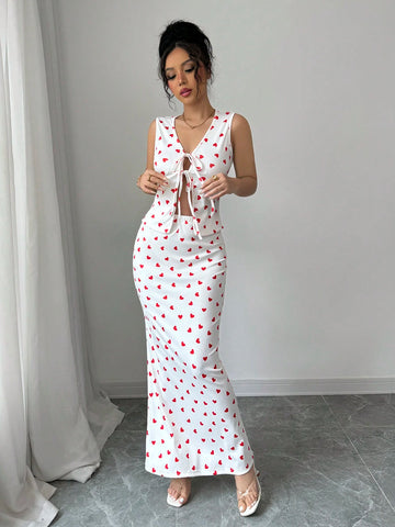 Elenzga Valentine's Day Red Heart Print Tie-Up Top & Skirt 2pc Set