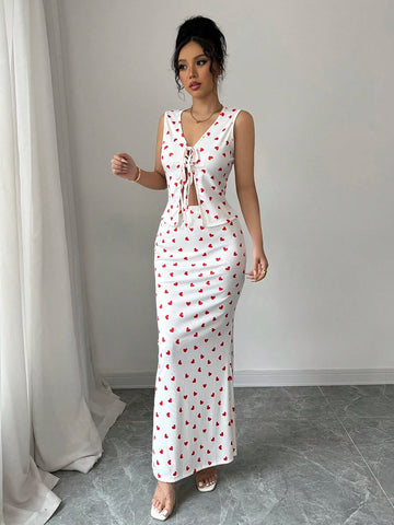 Elenzga Valentine's Day Red Heart Print Tie-Up Top & Skirt 2pc Set