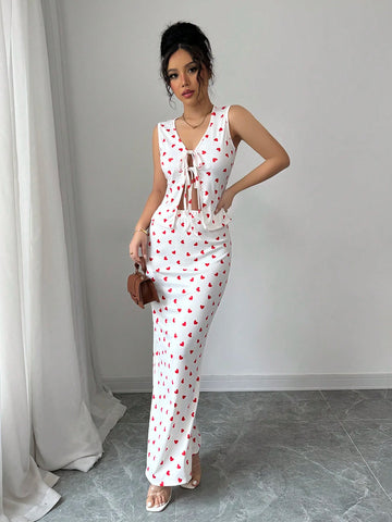 Elenzga Valentine's Day Red Heart Print Tie-Up Top & Skirt 2pc Set