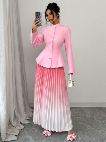 Elenzga Waisted Jacket & Pleated Skirt 2pcs Set, Ombre Color For Women