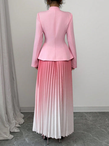 Elenzga Waisted Jacket & Pleated Skirt 2pcs Set, Ombre Color For Women