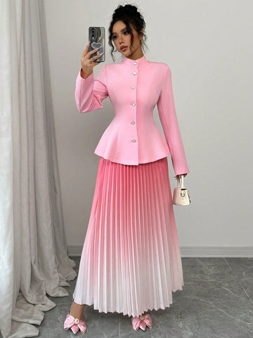 Elenzga Waisted Jacket & Pleated Skirt 2pcs Set, Ombre Color For Women