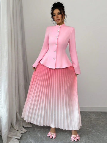 Elenzga Waisted Jacket & Pleated Skirt 2pcs Set, Ombre Color For Women