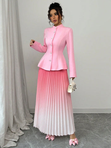 Elenzga Waisted Jacket & Pleated Skirt 2pcs Set, Ombre Color For Women