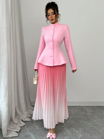 Elenzga Waisted Jacket & Pleated Skirt 2pcs Set, Ombre Color For Women