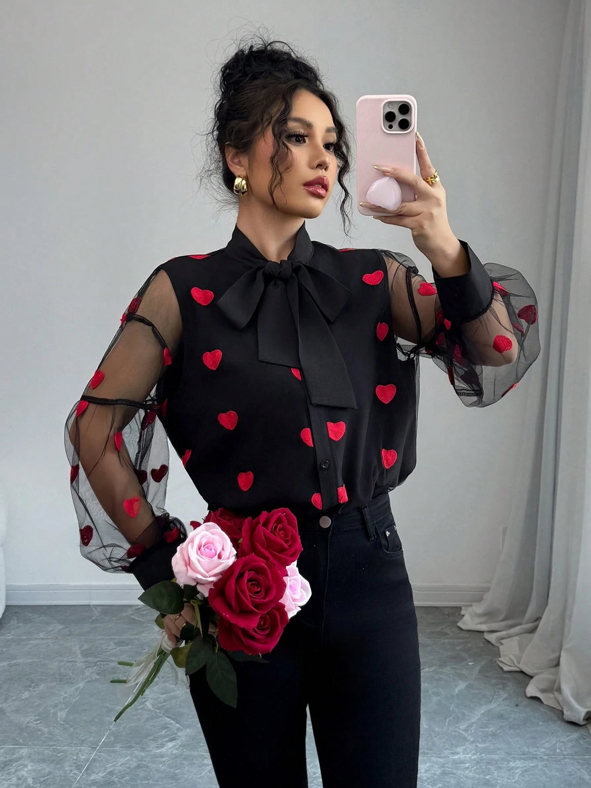 Women Casual Simple Net Blouse, Fashionable For Everyday Wear