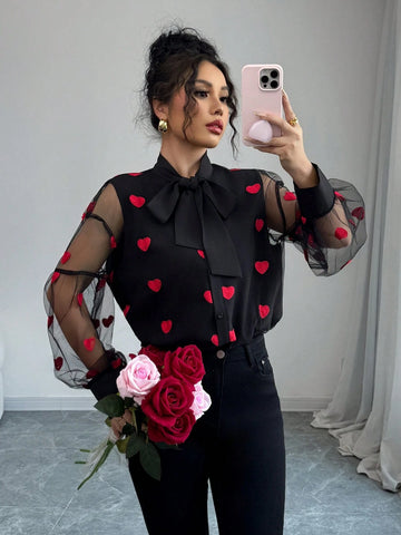 Women Casual Simple Net Blouse, Fashionable For Everyday Wear