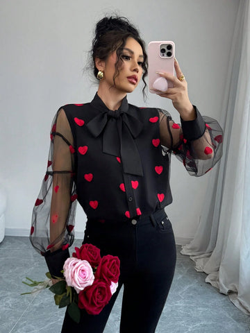 Women Casual Simple Net Blouse, Fashionable For Everyday Wear