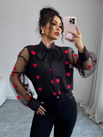 Women Casual Simple Net Blouse, Fashionable For Everyday Wear