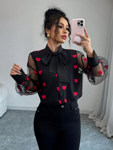 Women Casual Simple Net Blouse, Fashionable For Everyday Wear