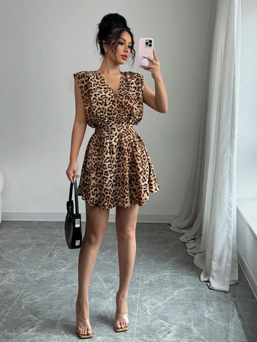 Elenzga Women Chic Elegant Fashion Office Vintage Charming Vacation Sleeveless V-Neck Tie Waist Backless Leopard Print Mini Dress