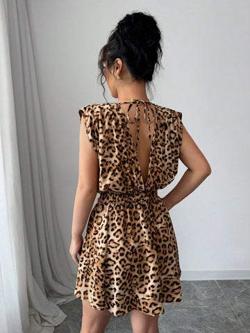 Elenzga Women Chic Elegant Fashion Office Vintage Charming Vacation Sleeveless V-Neck Tie Waist Backless Leopard Print Mini Dress