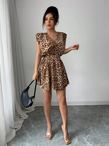 Elenzga Women Chic Elegant Fashion Office Vintage Charming Vacation Sleeveless V-Neck Tie Waist Backless Leopard Print Mini Dress