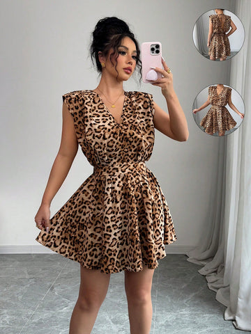 Elenzga Women Chic Elegant Fashion Office Vintage Charming Vacation Sleeveless V-Neck Tie Waist Backless Leopard Print Mini Dress