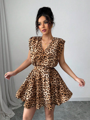 Elenzga Women Chic Elegant Fashion Office Vintage Charming Vacation Sleeveless V-Neck Tie Waist Backless Leopard Print Mini Dress