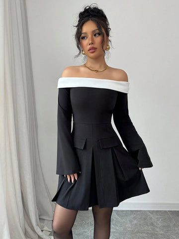 Elenzga Women Elegant Knit Black And White Color Block Off Shoulder Ruffle Trim Bodycon Dress, Suitable For Spring/Summer, Date, Valentine's Day