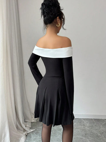 Elenzga Women Elegant Knit Black And White Color Block Off Shoulder Ruffle Trim Bodycon Dress, Suitable For Spring/Summer, Date, Valentine's Day