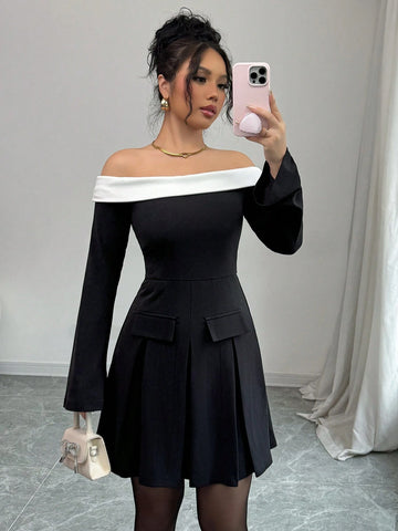 Elenzga Women Elegant Knit Black And White Color Block Off Shoulder Ruffle Trim Bodycon Dress, Suitable For Spring/Summer, Date, Valentine's Day