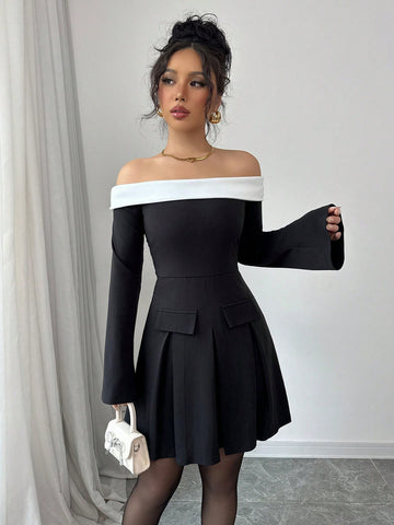 Elenzga Women Elegant Knit Black And White Color Block Off Shoulder Ruffle Trim Bodycon Dress, Suitable For Spring/Summer, Date, Valentine's Day