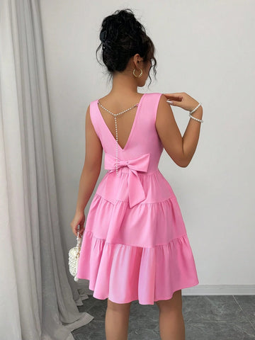 Elenzga Women Elegant Solid Color Waist Cinched Sleeveless Chain & Bow Decor Midi Dress