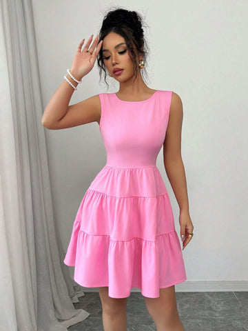 Elenzga Women Elegant Solid Color Waist Cinched Sleeveless Chain & Bow Decor Midi Dress