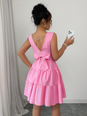 Elenzga Women Elegant Solid Color Waist Cinched Sleeveless Chain & Bow Decor Midi Dress