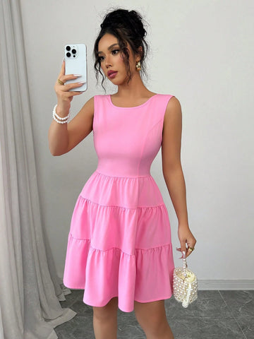 Elenzga Women Elegant Solid Color Waist Cinched Sleeveless Chain & Bow Decor Midi Dress