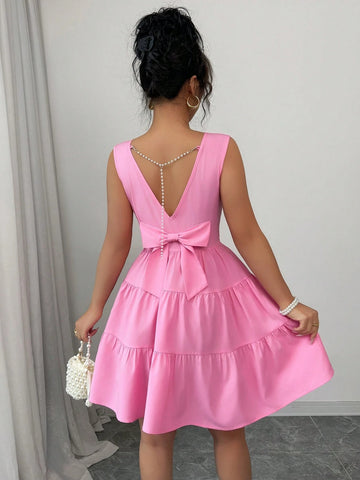 Elenzga Women Elegant Solid Color Waist Cinched Sleeveless Chain & Bow Decor Midi Dress