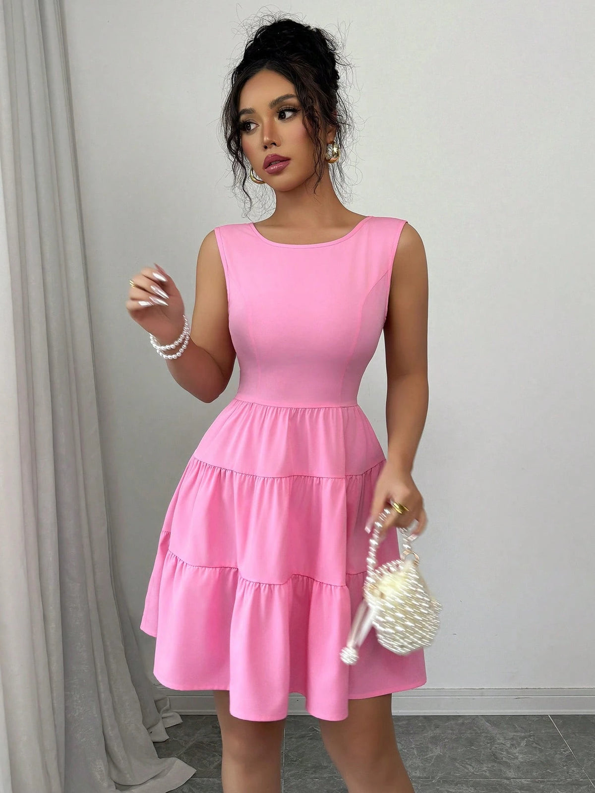 Elenzga Women Elegant Solid Color Waist Cinched Sleeveless Chain & Bow Decor Midi Dress