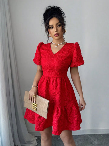 Elenzga Women Floral Jacquard Puff Sleeve Elegant Short Dress