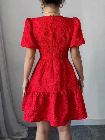 Elenzga Women Floral Jacquard Puff Sleeve Elegant Short Dress