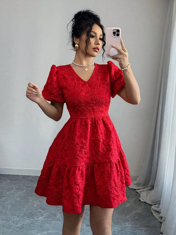 Elenzga Women Floral Jacquard Puff Sleeve Elegant Short Dress