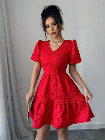 Elenzga Women Floral Jacquard Puff Sleeve Elegant Short Dress