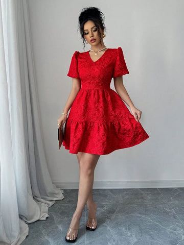 Elenzga Women Floral Jacquard Puff Sleeve Elegant Short Dress