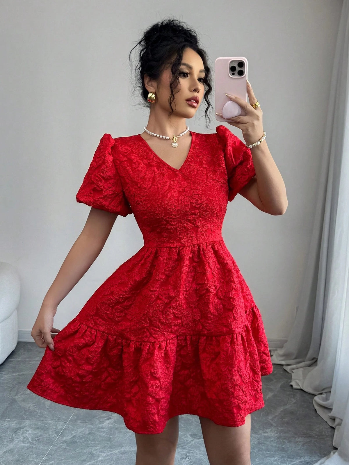 Elenzga Women Floral Jacquard Puff Sleeve Elegant Short Dress