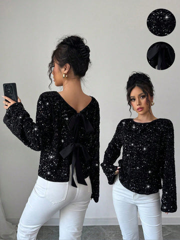 Elenzga Women Long Sleeve Loose Sexy Sequin Bow Knot Cropped Top