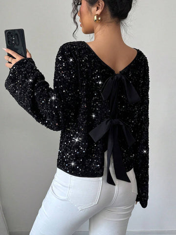 Elenzga Women Long Sleeve Loose Sexy Sequin Bow Knot Cropped Top