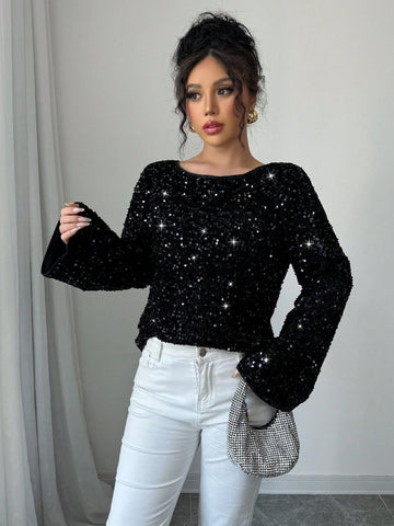 Elenzga Women Long Sleeve Loose Sexy Sequin Bow Knot Cropped Top